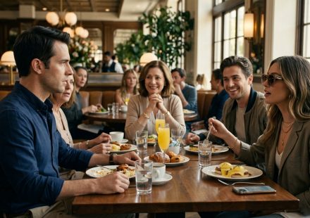A shocked 32-year-old man sitting at an upscale restaurant brunch while his younger brother and girlfriend confidently discuss moving into his newly purchased luxury home.