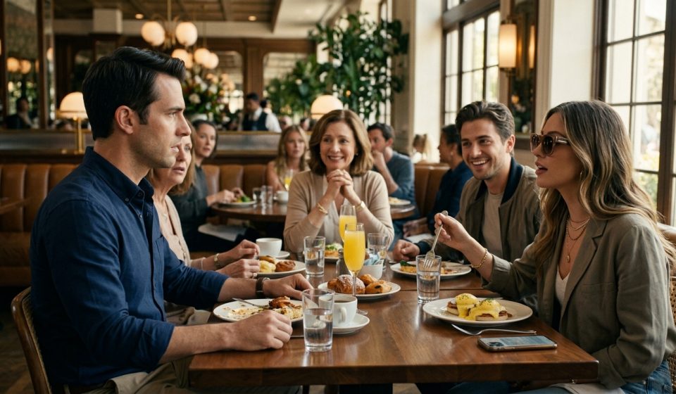 A shocked 32-year-old man sitting at an upscale restaurant brunch while his younger brother and girlfriend confidently discuss moving into his newly purchased luxury home.