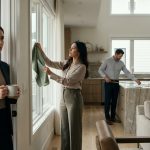 A shocked woman holding a coffee mug watches her sister choose fabric swatches and her fiancé measure the kitchen island inside her townhouse.