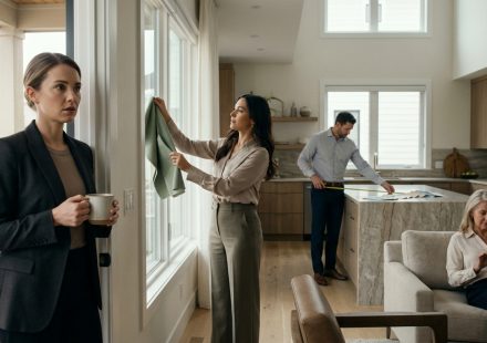 A shocked woman holding a coffee mug watches her sister choose fabric swatches and her fiancé measure the kitchen island inside her townhouse.