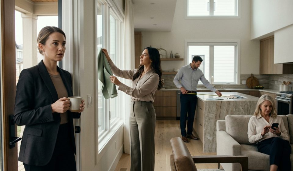 A shocked woman holding a coffee mug watches her sister choose fabric swatches and her fiancé measure the kitchen island inside her townhouse.