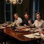 A composed 30-year-old musician sits at a family dinner table while her elegantly dressed stepmother mocks her career and her relatives look on.