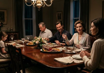 A composed 30-year-old musician sits at a family dinner table while her elegantly dressed stepmother mocks her career and her relatives look on.