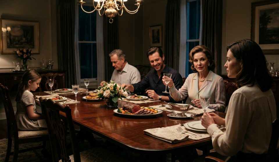 A composed 30-year-old musician sits at a family dinner table while her elegantly dressed stepmother mocks her career and her relatives look on.