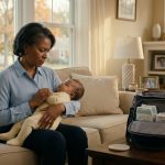 A concerned grandmother holds her tired seven-month-old granddaughter Mia in a living room, with an open diaper bag nearby.