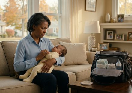 A concerned grandmother holds her tired seven-month-old granddaughter Mia in a living room, with an open diaper bag nearby.