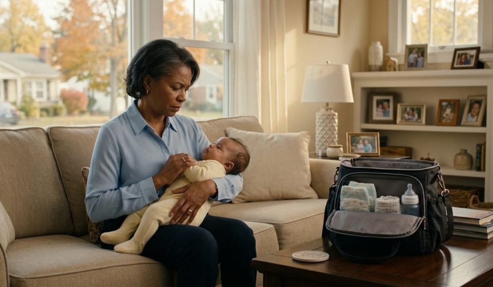 A concerned grandmother holds her tired seven-month-old granddaughter Mia in a living room, with an open diaper bag nearby.