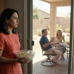 A professional woman in a coral linen dress holds a bowl of potato salad inside her brother's kitchen while overhearing relatives laughing together at a backyard barbecue.
