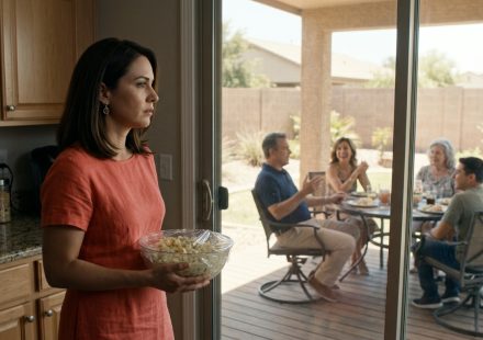 A professional woman in a coral linen dress holds a bowl of potato salad inside her brother's kitchen while overhearing relatives laughing together at a backyard barbecue.