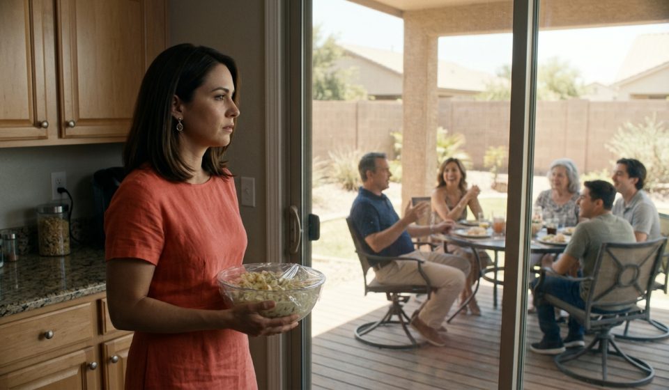 A professional woman in a coral linen dress holds a bowl of potato salad inside her brother's kitchen while overhearing relatives laughing together at a backyard barbecue.