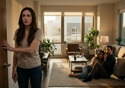 Two sisters exchanging tense looks during a family retirement dinner as the younger sister reacts to news of an engagement.
