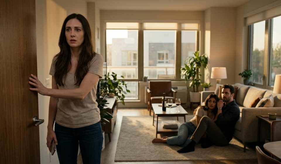 Two sisters exchanging tense looks during a family retirement dinner as the younger sister reacts to news of an engagement.
