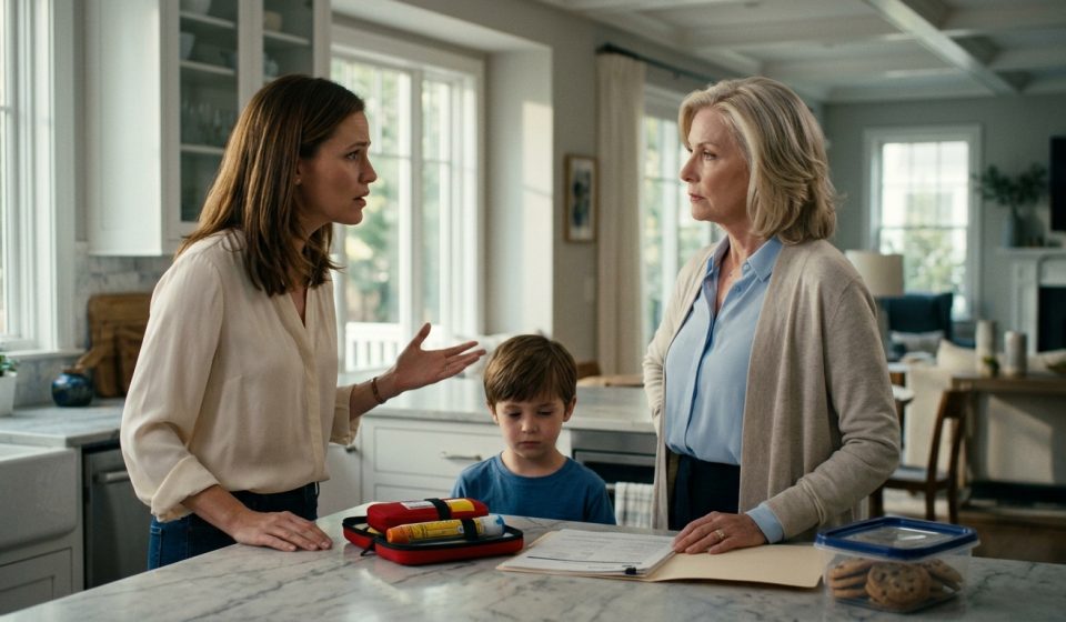 A concerned mother examines a container of homemade chocolate chip cookies while her mother-in-law stands across the kitchen during a child's birthday celebration.