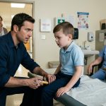 A frightened father rushes to help his eight-year-old son struggling to breathe in a school nurse's office while emergency EpiPens remain on the nurse's desk.