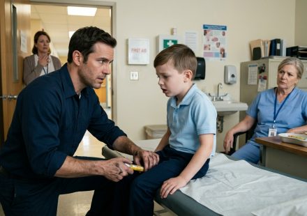 A frightened father rushes to help his eight-year-old son struggling to breathe in a school nurse's office while emergency EpiPens remain on the nurse's desk.