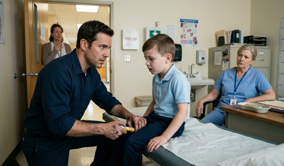 A frightened father rushes to help his eight-year-old son struggling to breathe in a school nurse's office while emergency EpiPens remain on the nurse's desk.