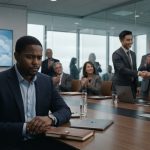 Senior engineering manager sitting quietly in a boardroom after executives passed him over for promotion