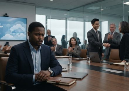 Senior engineering manager sitting quietly in a boardroom after executives passed him over for promotion