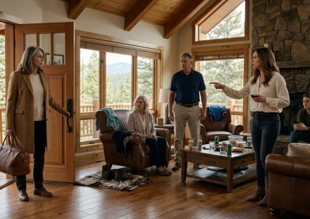 A sixty-three-year-old woman holding an overnight bag as her angry daughter-in-law confronts her inside a luxurious Colorado mountain cabin.