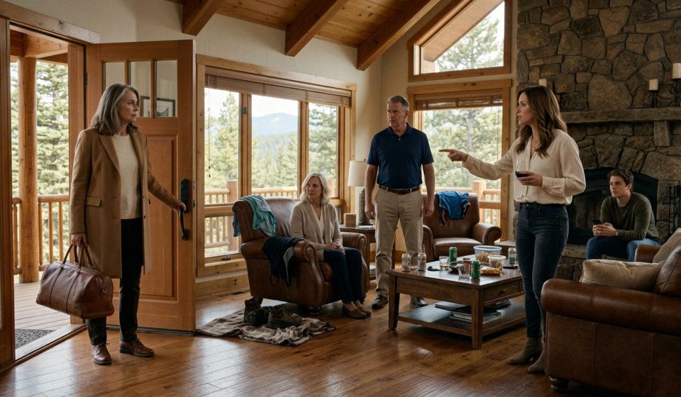 A sixty-three-year-old woman holding an overnight bag as her angry daughter-in-law confronts her inside a luxurious Colorado mountain cabin.