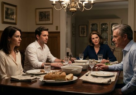 A young woman sitting silently beside her fiancé at an elegant family dinner while her father makes a shocking accusation and her mother looks on.