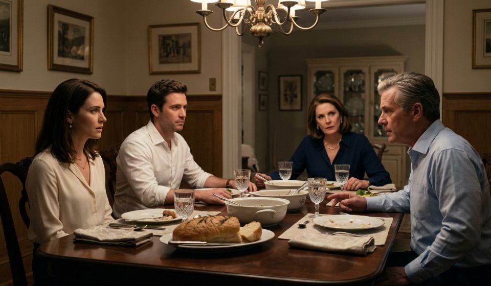 A young woman sitting silently beside her fiancé at an elegant family dinner while her father makes a shocking accusation and her mother looks on.