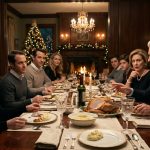 A thirty-two-year-old woman in a black sweater sits calmly at Christmas dinner while her father announces an inheritance decision favoring her brothers.