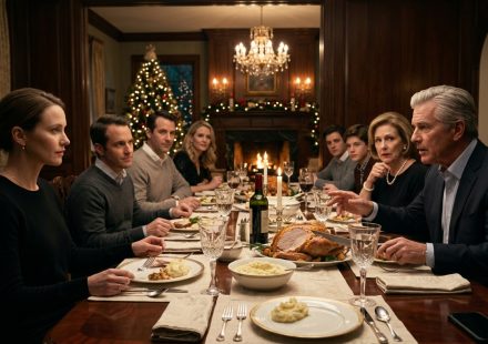 A thirty-two-year-old woman in a black sweater sits calmly at Christmas dinner while her father announces an inheritance decision favoring her brothers.