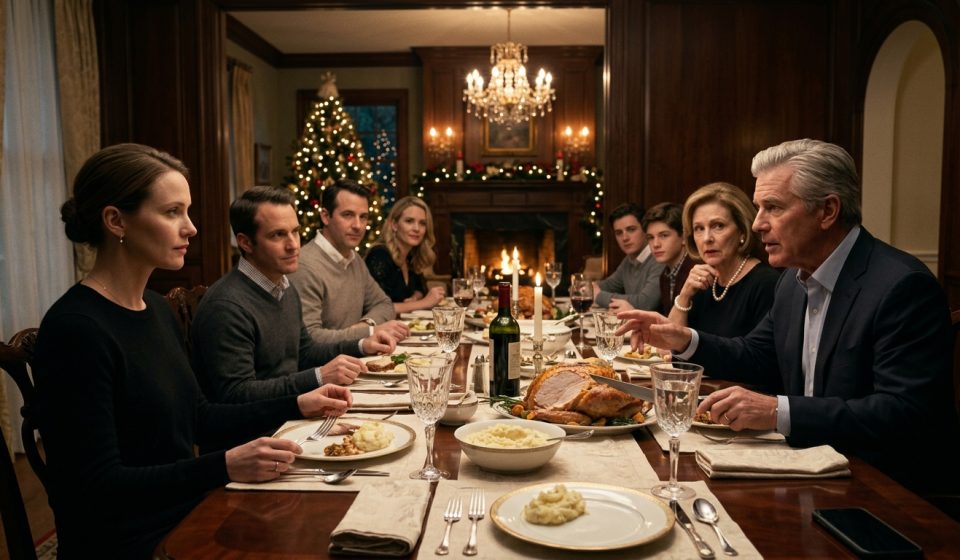 A thirty-two-year-old woman in a black sweater sits calmly at Christmas dinner while her father announces an inheritance decision favoring her brothers.