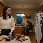 A professional woman stands beside grocery bags in her kitchen while her husband confronts her and his cousin watches uncomfortably from the table.