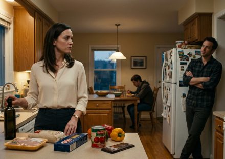 A professional woman stands beside grocery bags in her kitchen while her husband confronts her and his cousin watches uncomfortably from the table.