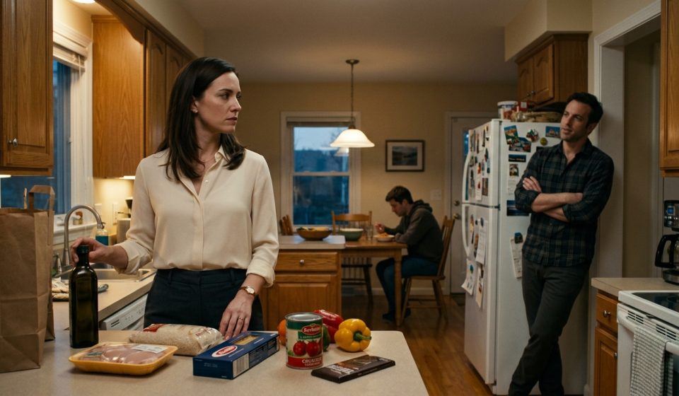 A professional woman stands beside grocery bags in her kitchen while her husband confronts her and his cousin watches uncomfortably from the table.