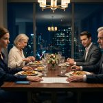 An AI systems architect sits at an elegant family dinner while her father signs documents transferring control of her laboratory to her younger brother.