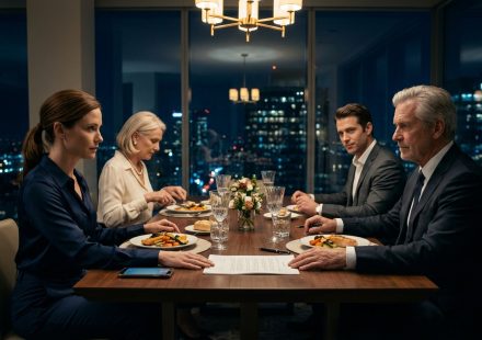 An AI systems architect sits at an elegant family dinner while her father signs documents transferring control of her laboratory to her younger brother.