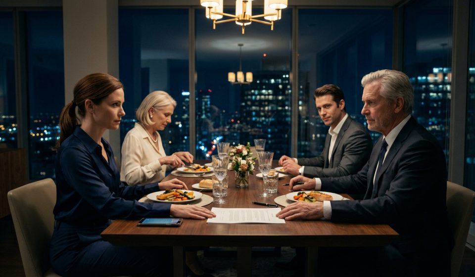 An AI systems architect sits at an elegant family dinner while her father signs documents transferring control of her laboratory to her younger brother.