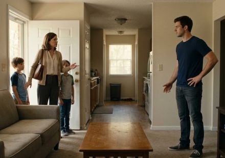 A frustrated 22-year-old man stands in his apartment doorway as his demanding mother arrives with his two youngest siblings, expecting him to babysit without asking.