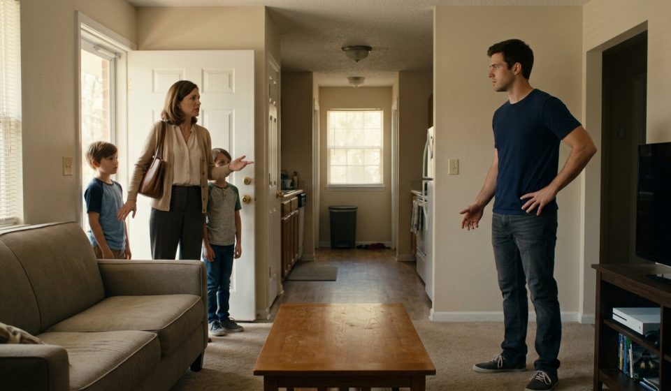 A frustrated 22-year-old man stands in his apartment doorway as his demanding mother arrives with his two youngest siblings, expecting him to babysit without asking.