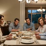 A concerned young professional woman sits at a family dinner table while her father proudly announces a financial decision and her mother applauds.