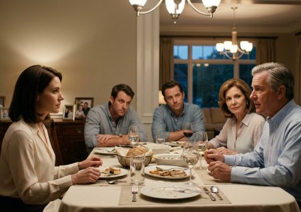 A concerned young professional woman sits at a family dinner table while her father proudly announces a financial decision and her mother applauds.