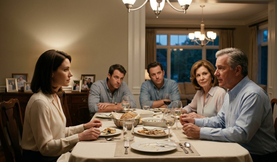 A concerned young professional woman sits at a family dinner table while her father proudly announces a financial decision and her mother applauds.