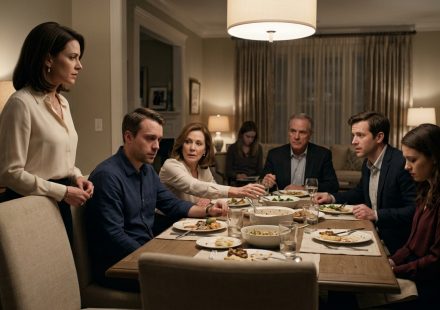 A distressed man sits at a family dinner table while his mother holds his hand and urges reconciliation, with his brother and other relatives seated nearby.