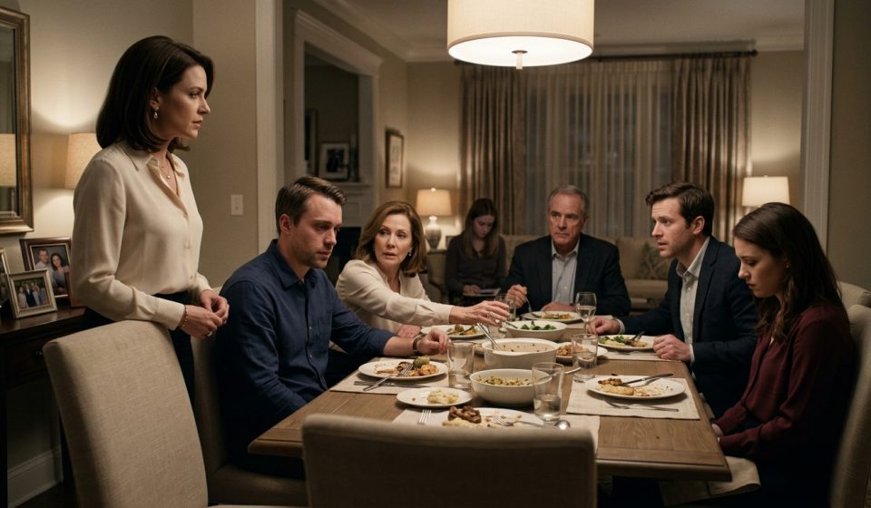 A distressed man sits at a family dinner table while his mother holds his hand and urges reconciliation, with his brother and other relatives seated nearby.