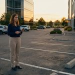 A shocked young professional woman standing beside an empty parking space outside her office, holding her phone and car keys after discovering her first car was gone.