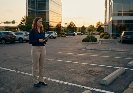 A shocked young professional woman standing beside an empty parking space outside her office, holding her phone and car keys after discovering her first car was gone.