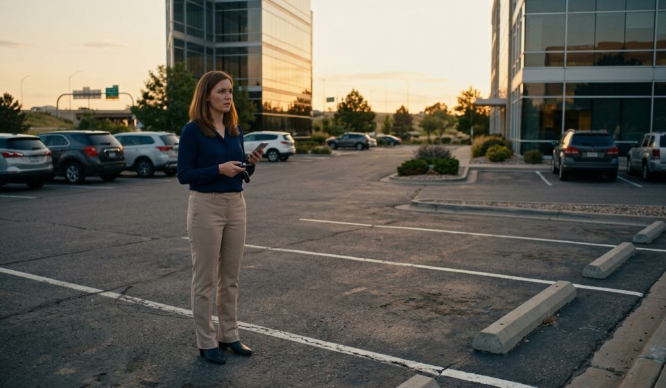 A shocked young professional woman standing beside an empty parking space outside her office, holding her phone and car keys after discovering her first car was gone.