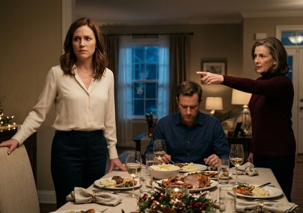 Angry mother-in-law pointing toward the door during New Year's dinner while her daughter-in-law holds her coat and her husband looks away.