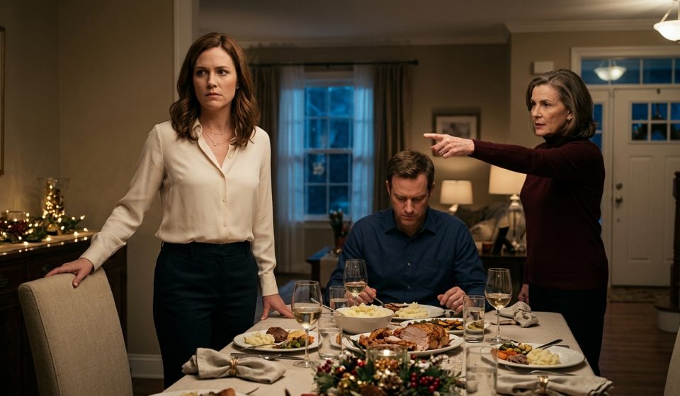 Angry mother-in-law pointing toward the door during New Year's dinner while her daughter-in-law holds her coat and her husband looks away.