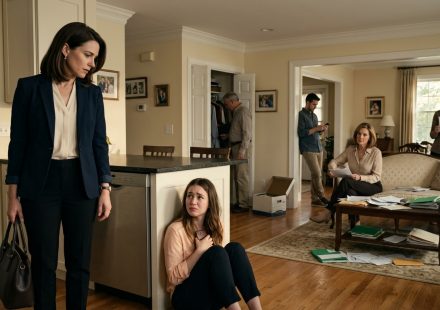 A shocked homeowner discovers her Sister's In-Laws Searching My House, examining private financial records and property documents while her younger sister cries in the kitchen.