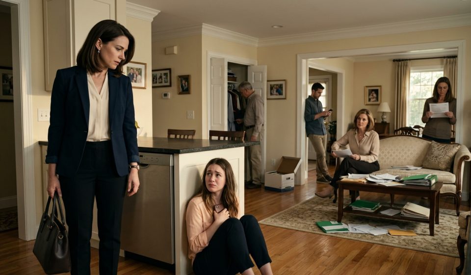 A shocked homeowner discovers her Sister's In-Laws Searching My House, examining private financial records and property documents while her younger sister cries in the kitchen.