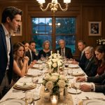 An aerospace engineer stands beside a family dinner table as his angry wife demands an apology to her brother in front of shocked relatives.